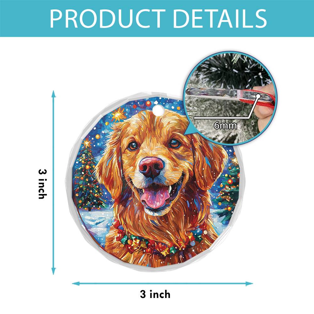 Beautiful Golden Retriever Dog Christmas Night Design 3 Glass Ornament