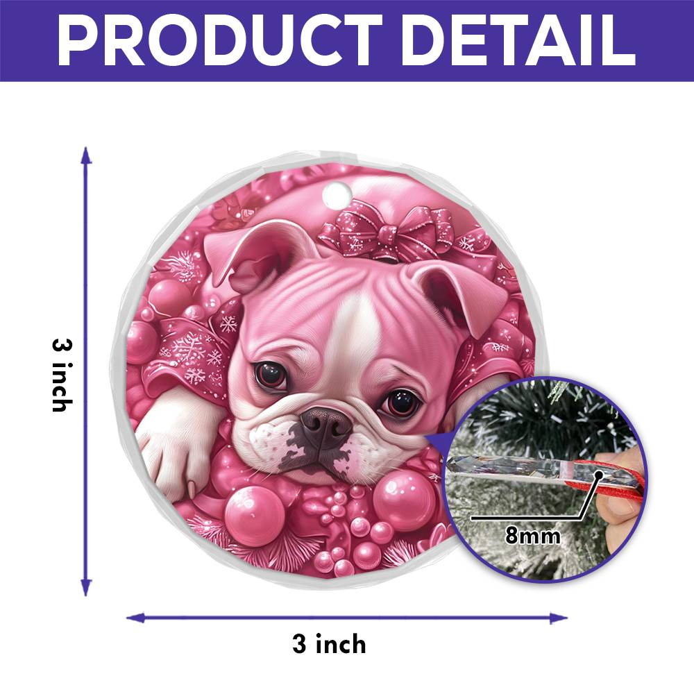 Bulldog Pink Christmas Design 2 Glass Ornament