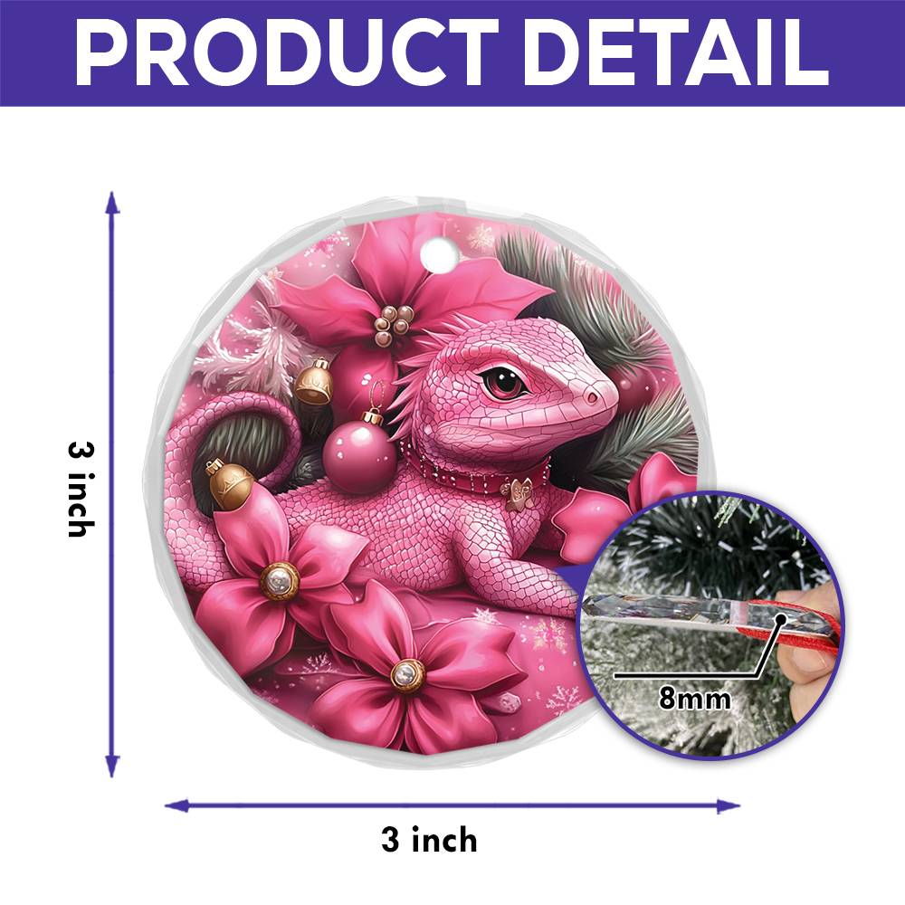 Lizard Pink Christmas Design 1 Glass Ornament