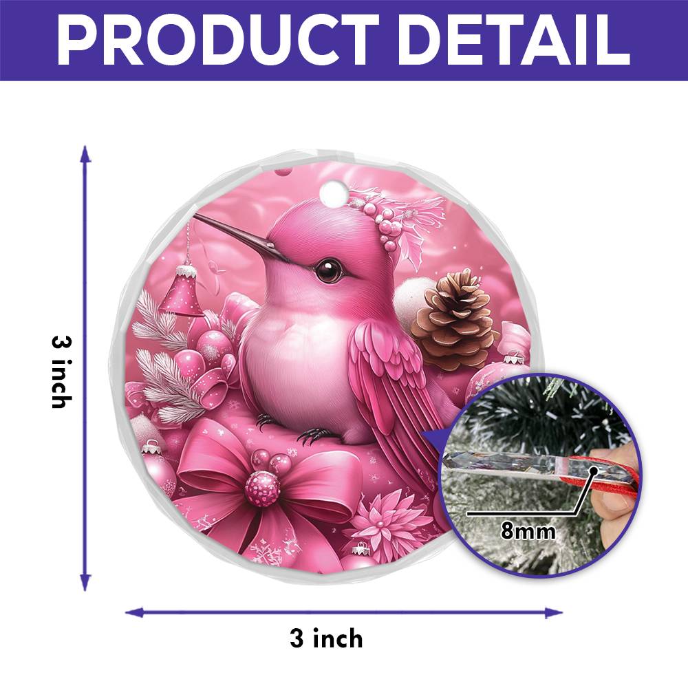Hummingbird Pink Christmas Design 2 Glass Ornament