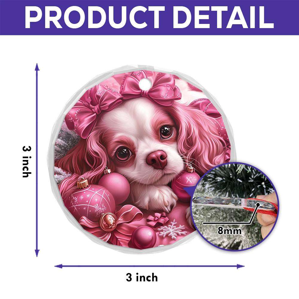 Cavalier King Charles Spaniel Dog Pink Christmas Design 2 Glass Ornament