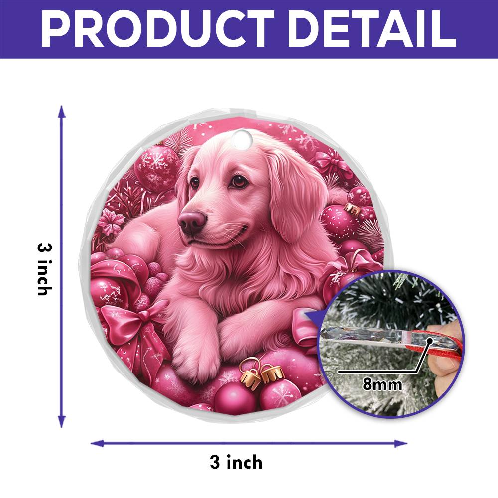Golden Retriever Dog Pink Christmas Design 1 Glass Ornament