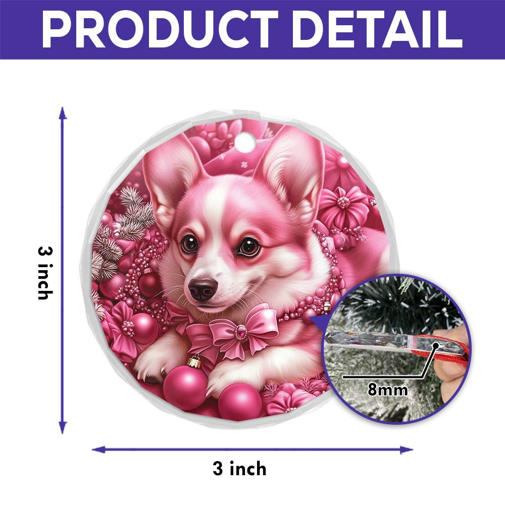 Pembroke Welsh Corgi Dog Pink Christmas Design 4 Glass Ornament