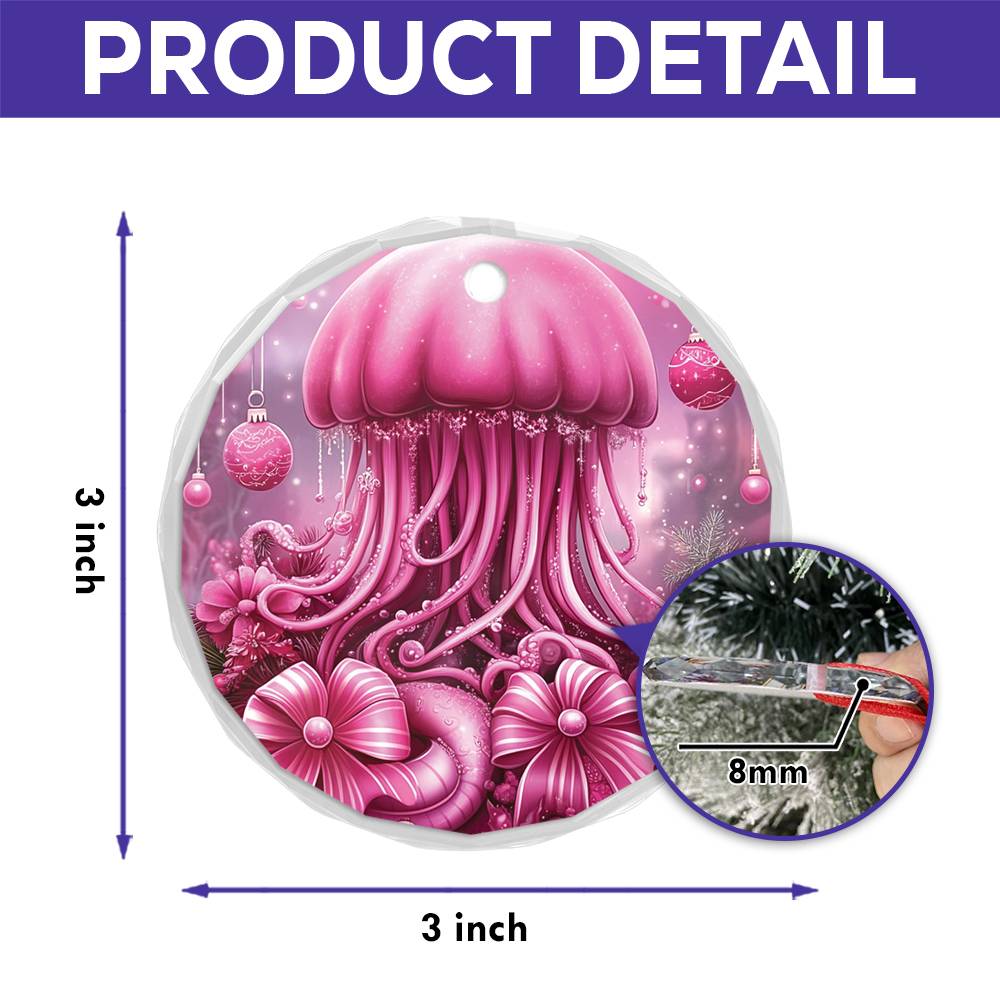 Jellyfish Pink Christmas Design 1 Glass Ornament