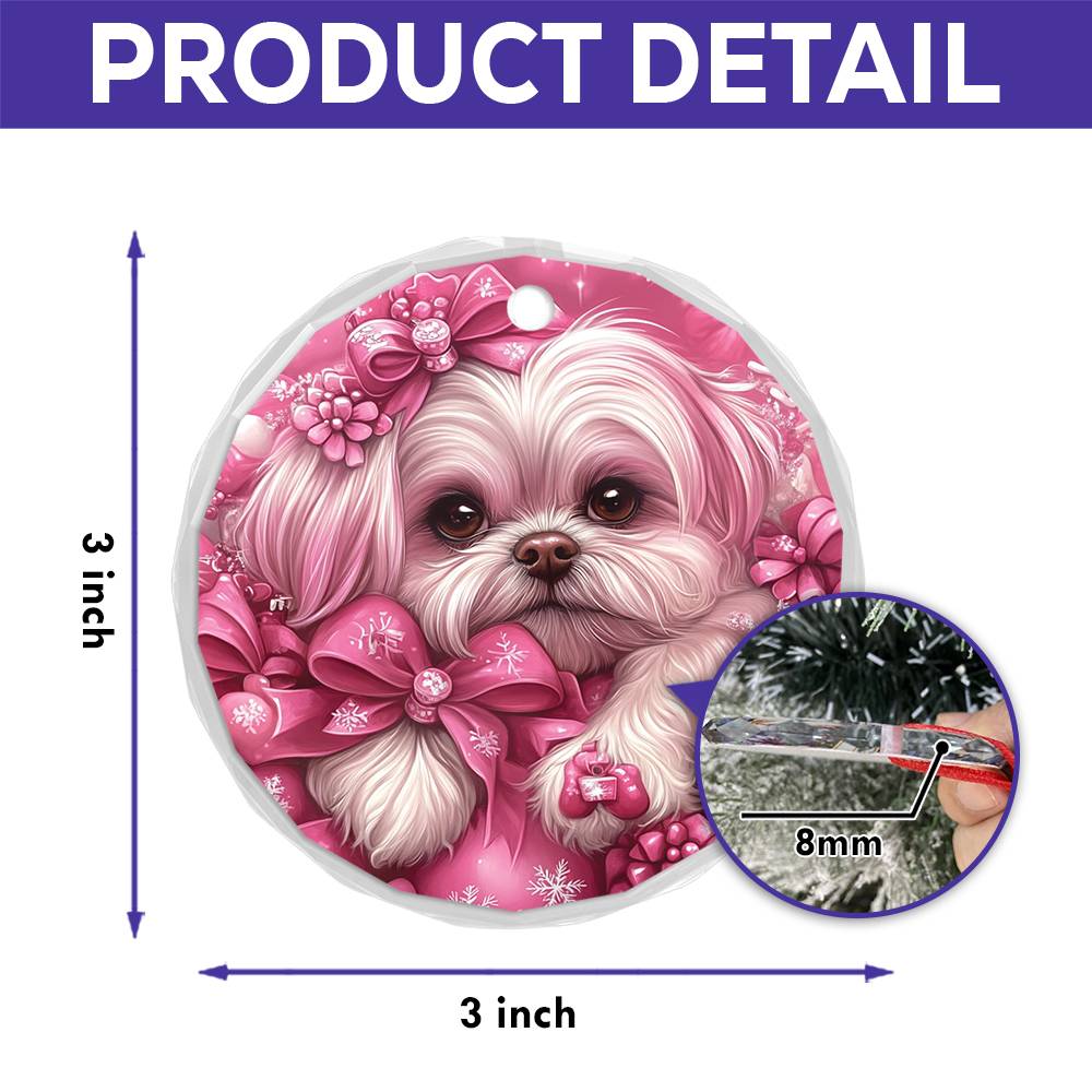 Shih Tzu Dog Pink Christmas Design 3 Glass Ornament