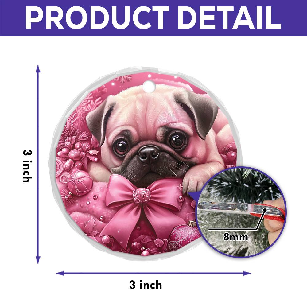 Pug Dog Pink Christmas Design 3 Glass Ornament