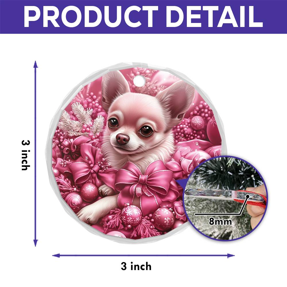 Chihuahua Dog Pink Christmas Design 2 Glass Ornament