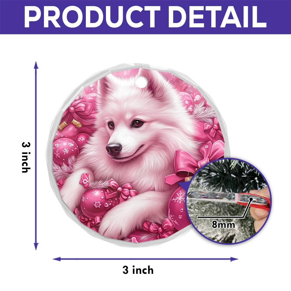 Samoyed Dog Pink Christmas Design 2 Glass Ornament
