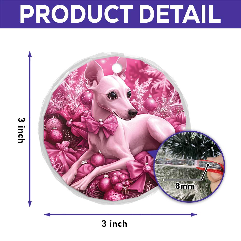 Whippet Dog Pink Christmas Design 2 Glass Ornament
