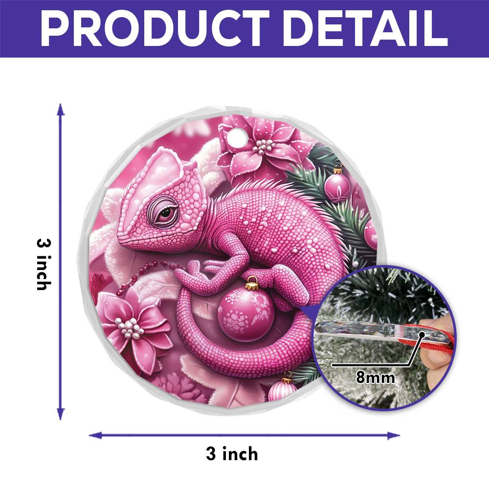 Chameleon Pink Christmas Design 2 Glass Ornament