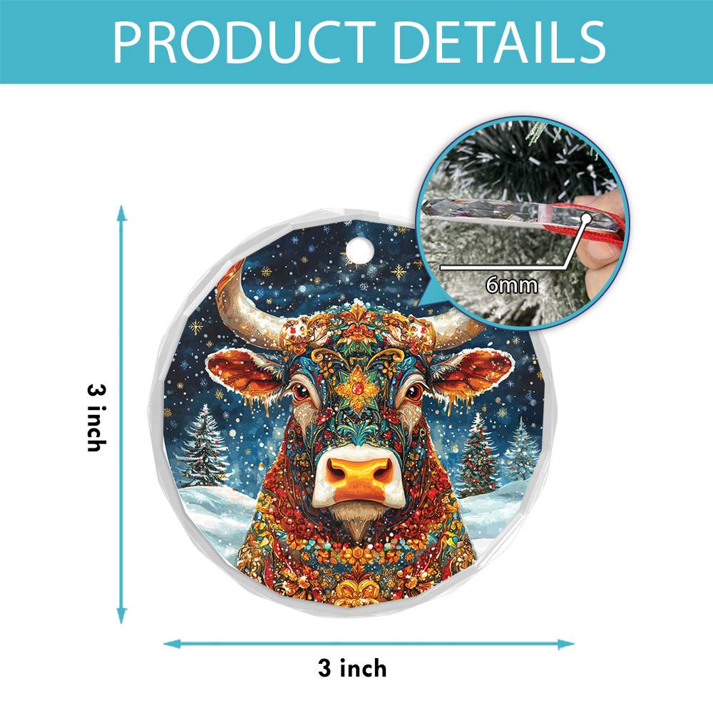 Beautiful Bull Christmas Night Design 3 Glass Ornament