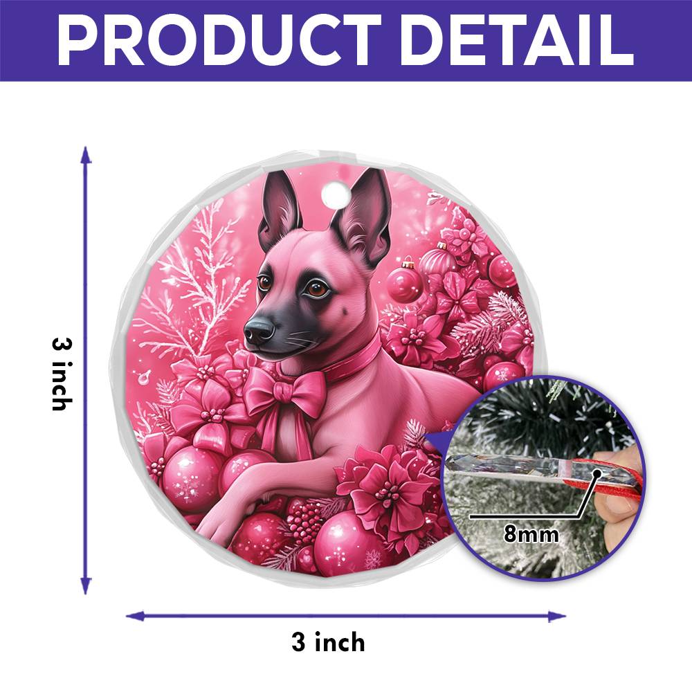 Belgian Malinoi Dog Pink Christmas Design 2 Glass Ornament