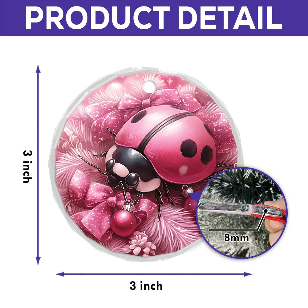 Ladybug Pink Christmas Design 1 Glass Ornament