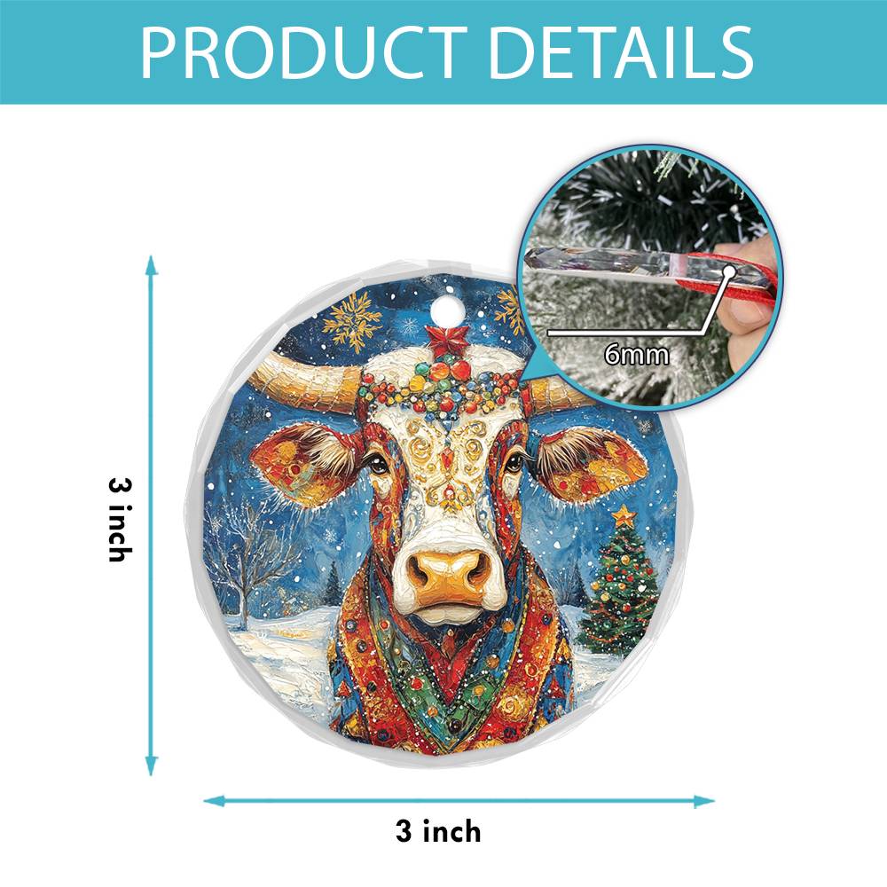 Beautiful Longhorn Cow Christmas Night Design 2 Glass Ornament
