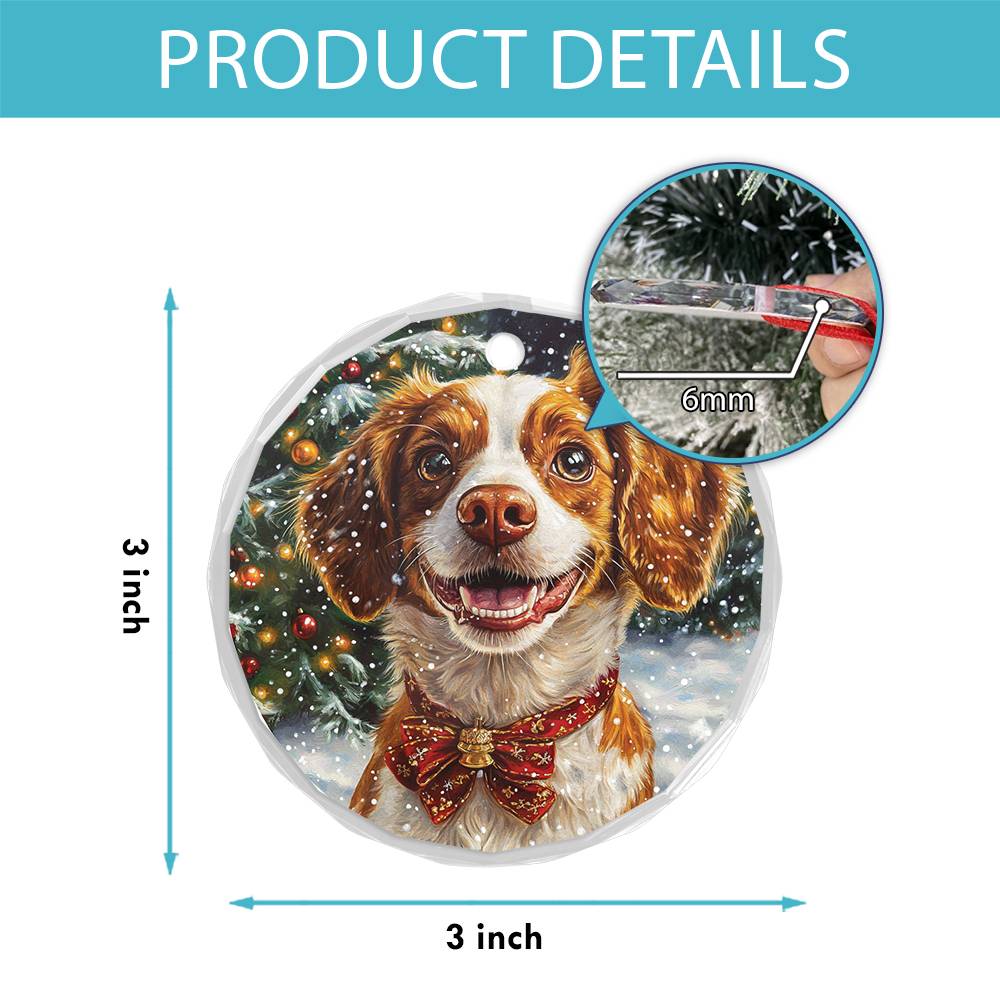 Beautiful Brittany Dog Christmas Night Design 3 Glass Ornament