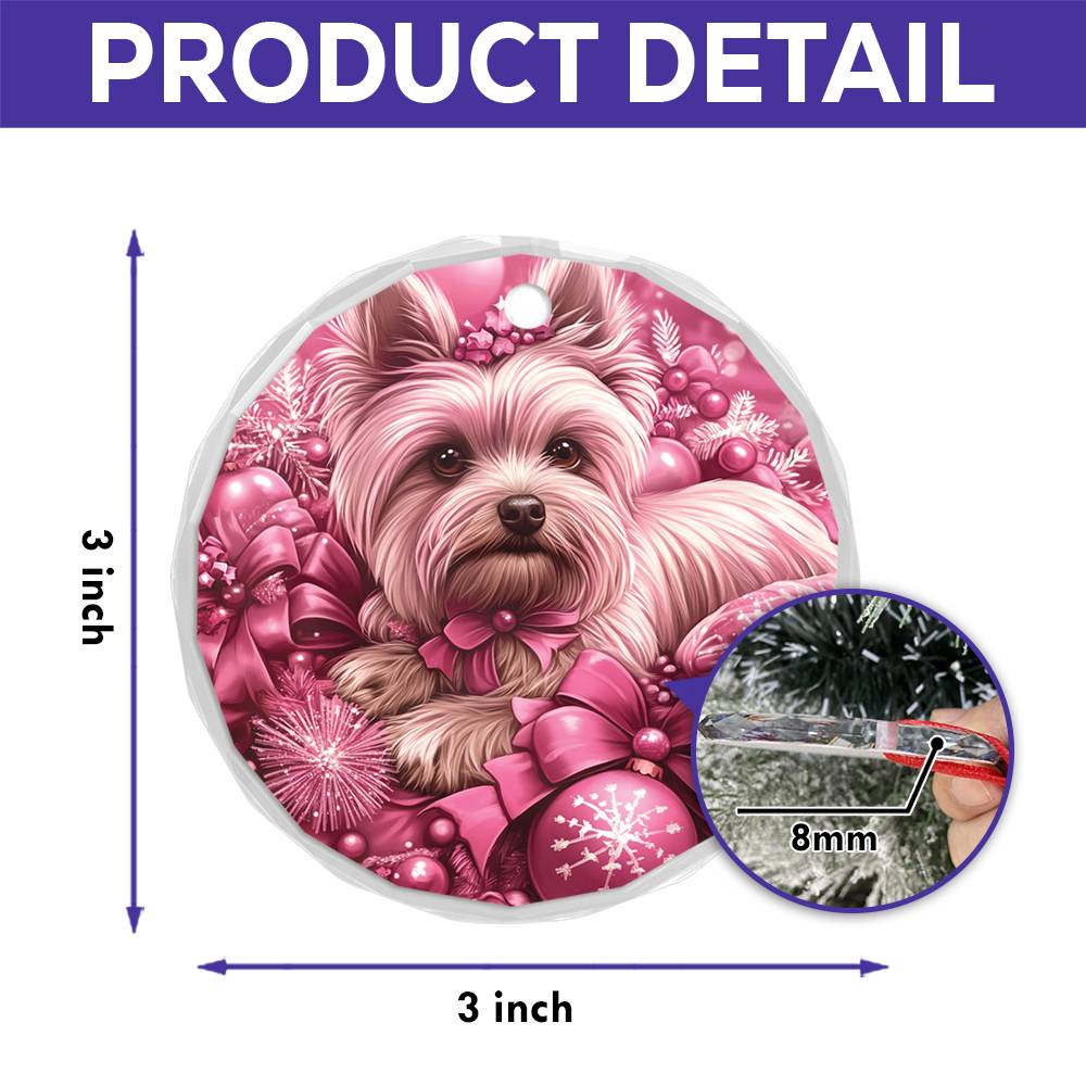 Yorkshire Terrier Dog Pink Christmas Design 3 Glass Ornament