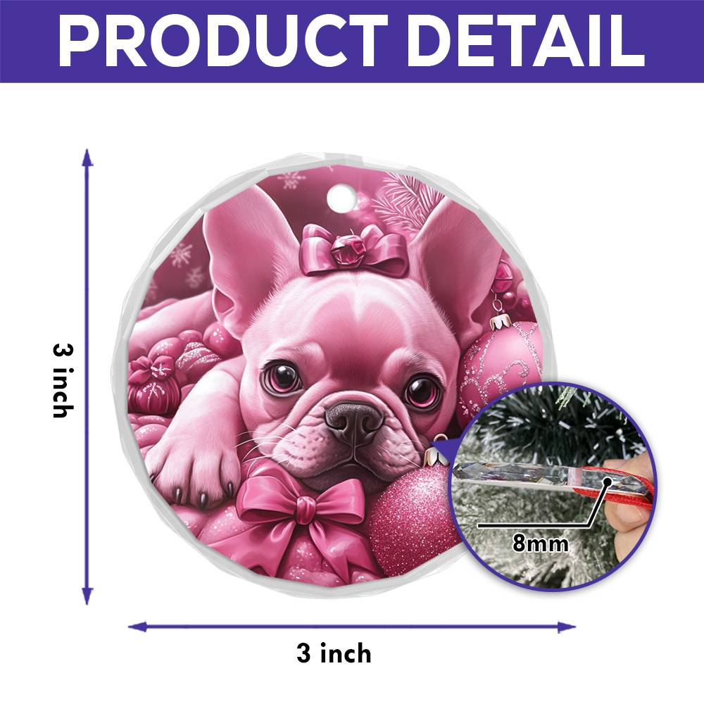 French Bulldog Pink Christmas Design 1 Glass Ornament