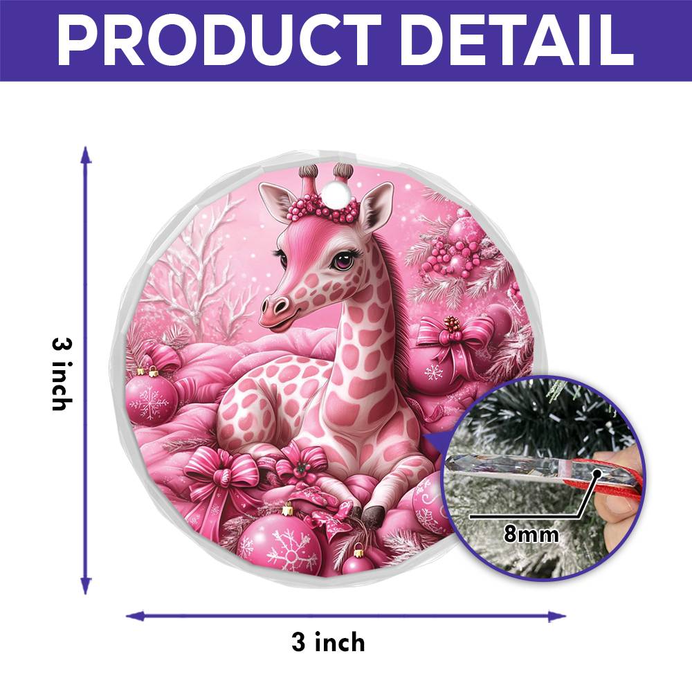 Giraffe Pink Christmas Design 2 Glass Ornament
