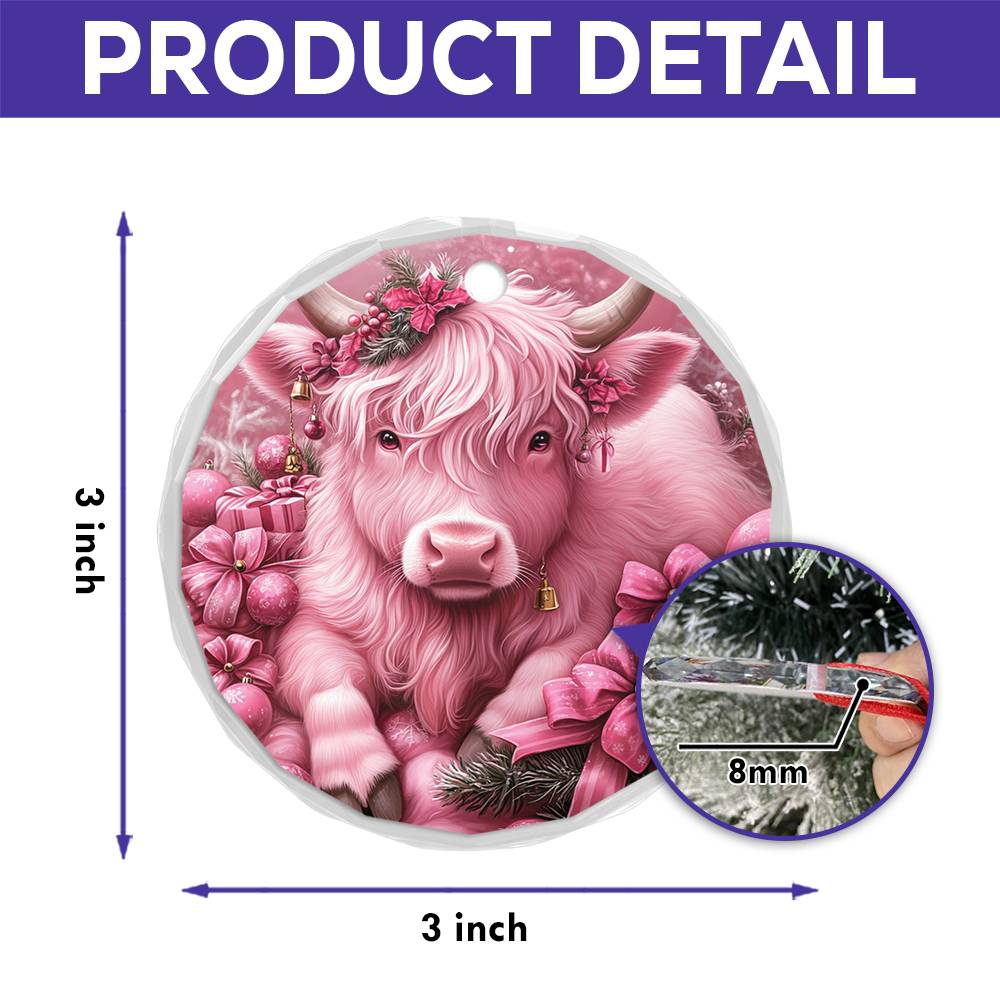 Highland Cow Pink Christmas Design 4 Glass Ornament