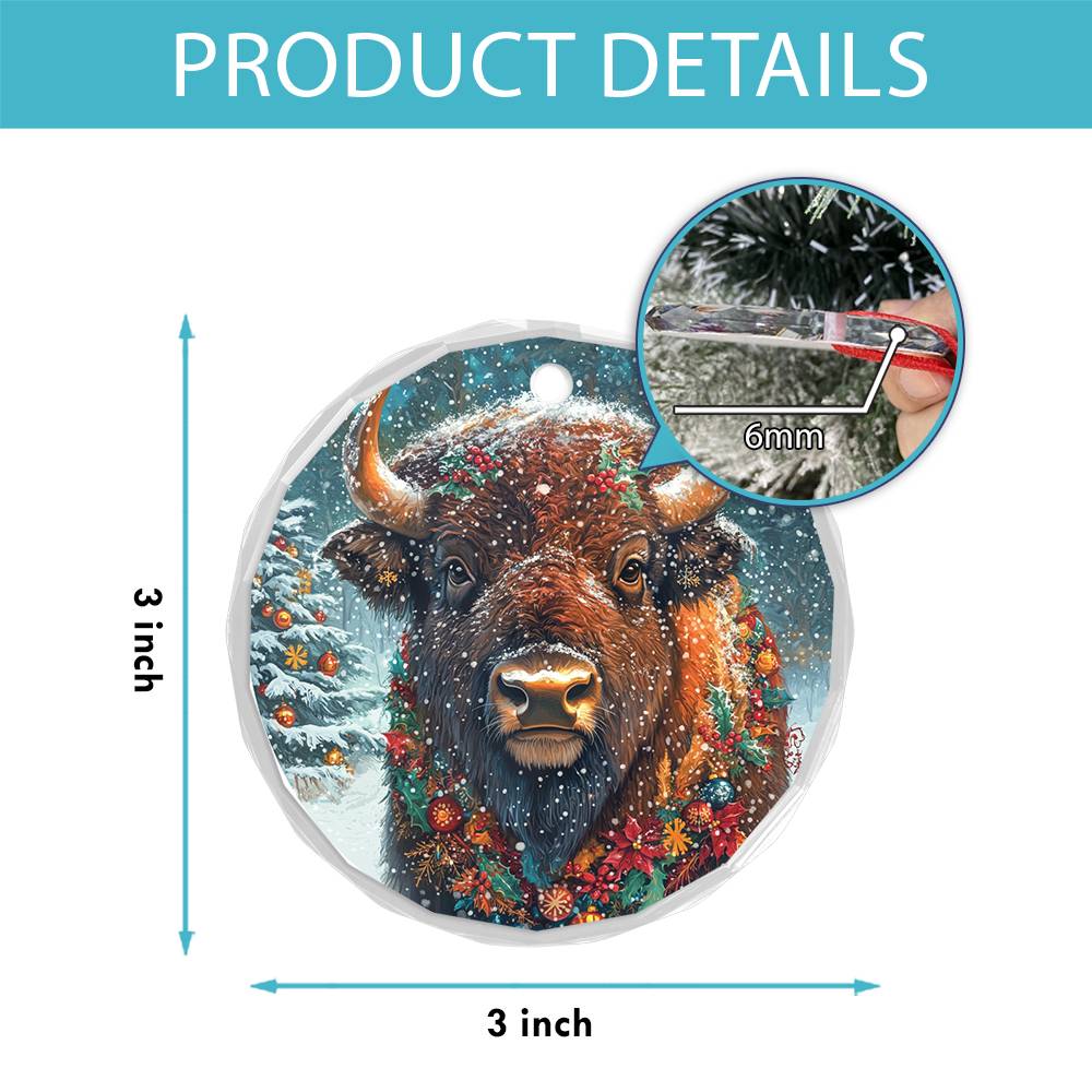 Beautiful Bison Christmas Night Design 2 Glass Ornament