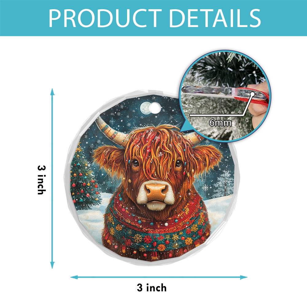 Beautiful Highland Cow Christmas Night Design 3 Glass Ornament