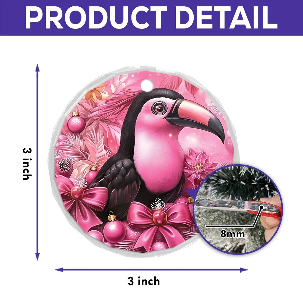 Toucan Pink Christmas Design 1 Glass Ornament