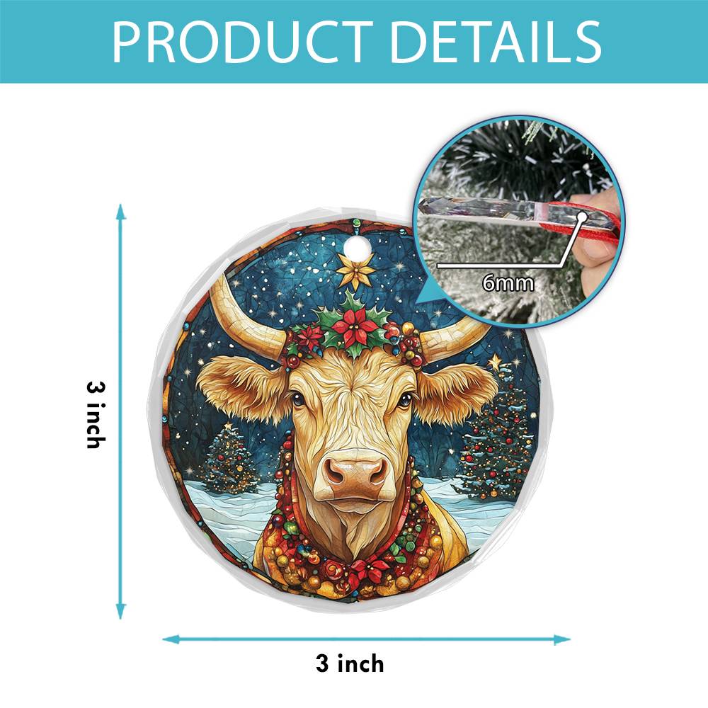 Beautiful Longhorn Cow Christmas Night Design 3 Glass Ornament