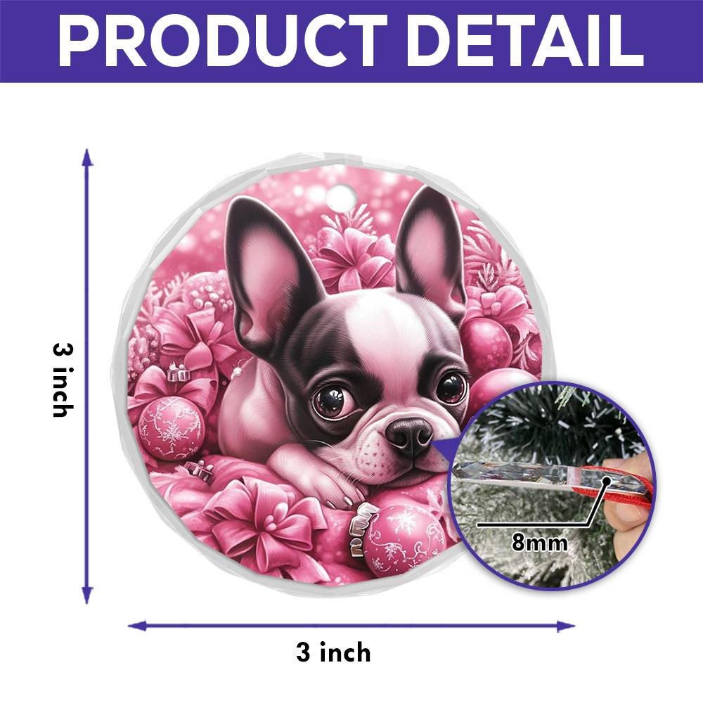 Boston Terrier Dog Pink Christmas Design 2 Glass Ornament