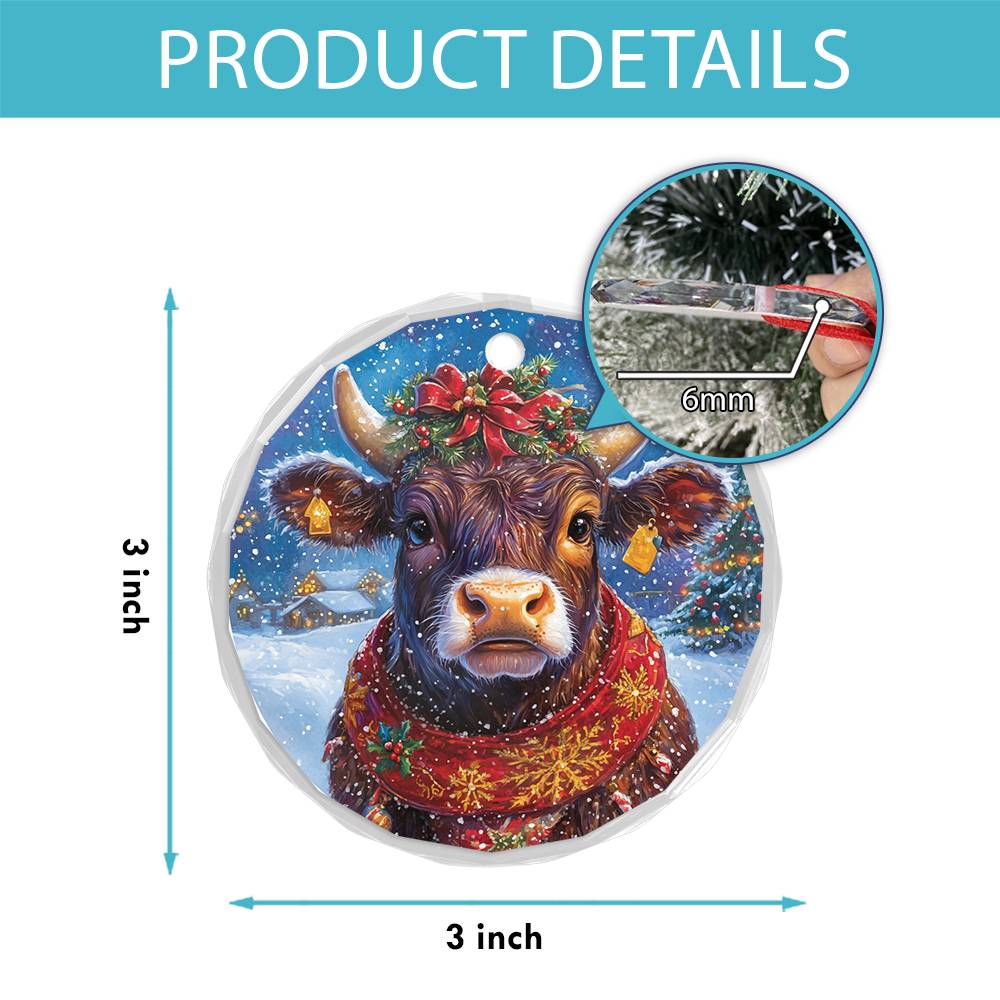Beautiful Angus Cow Christmas Night Design 4 Glass Ornament