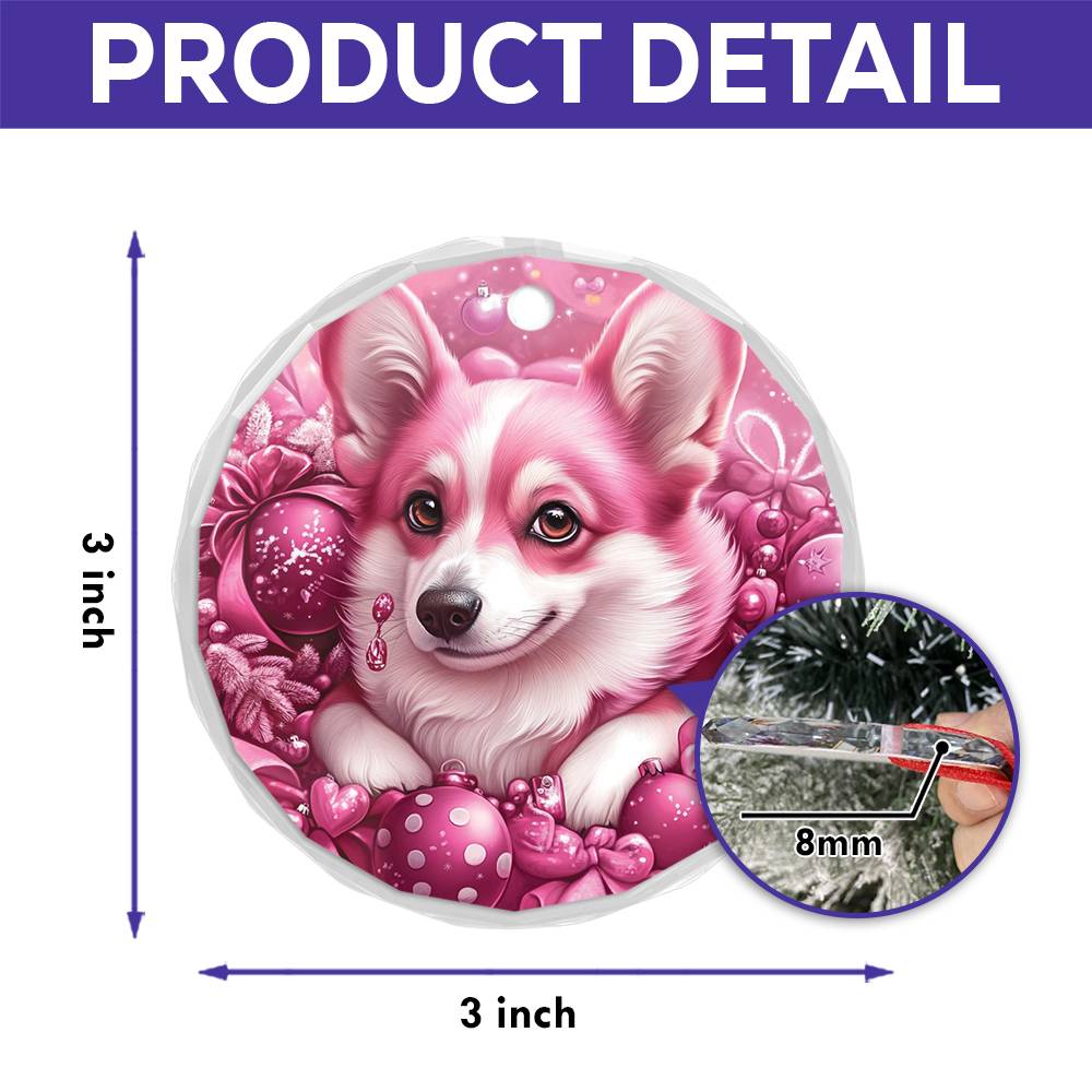 Pembroke Welsh Corgi Dog Pink Christmas Design 3 Glass Ornament