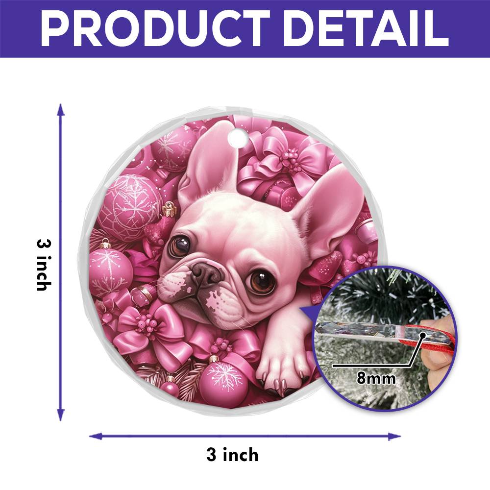 French Bulldog Pink Christmas Design 3 Glass Ornament