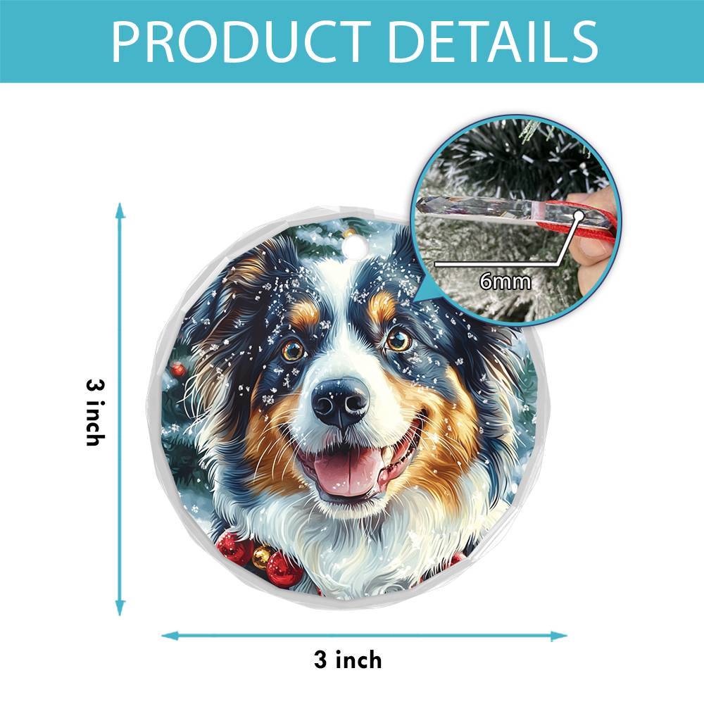 Beautiful Angus Australian Shepherd Dog Christmas Night Design 4 Glass Ornament