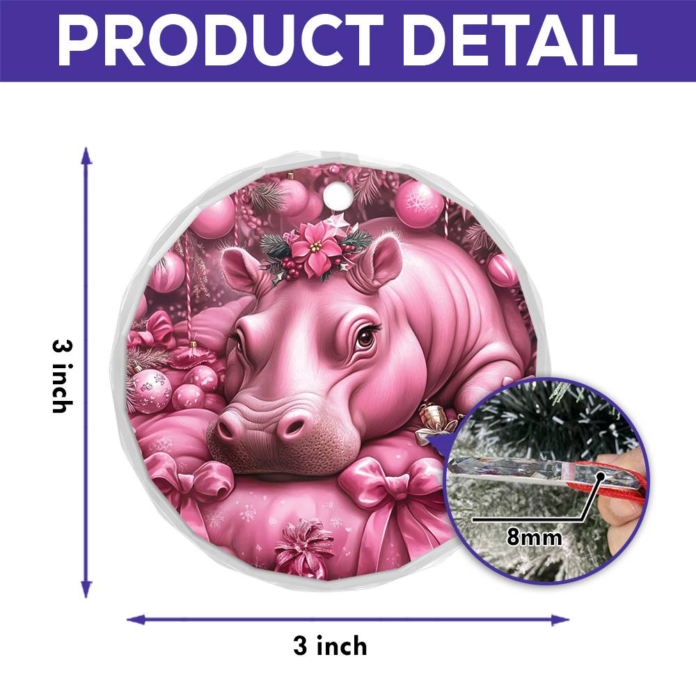 Hippo Pink Christmas Design 3 Glass Ornament