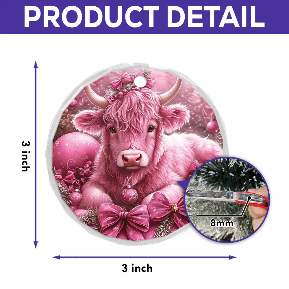 Highland Cow Pink Christmas Design 1 Glass Ornament