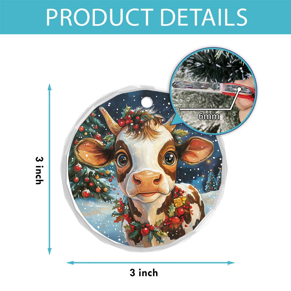 Beautiful Dairy Cow Christmas Night Design 3 Glass Ornament