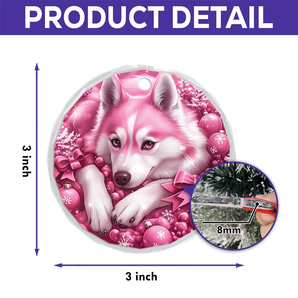 Siberian Huskie Dog Pink Christmas Design 1 Glass Ornament