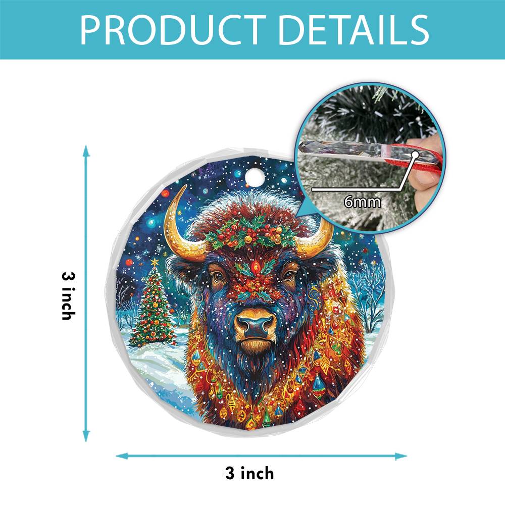 Beautiful Bison Christmas Night Design 1 Glass Ornament