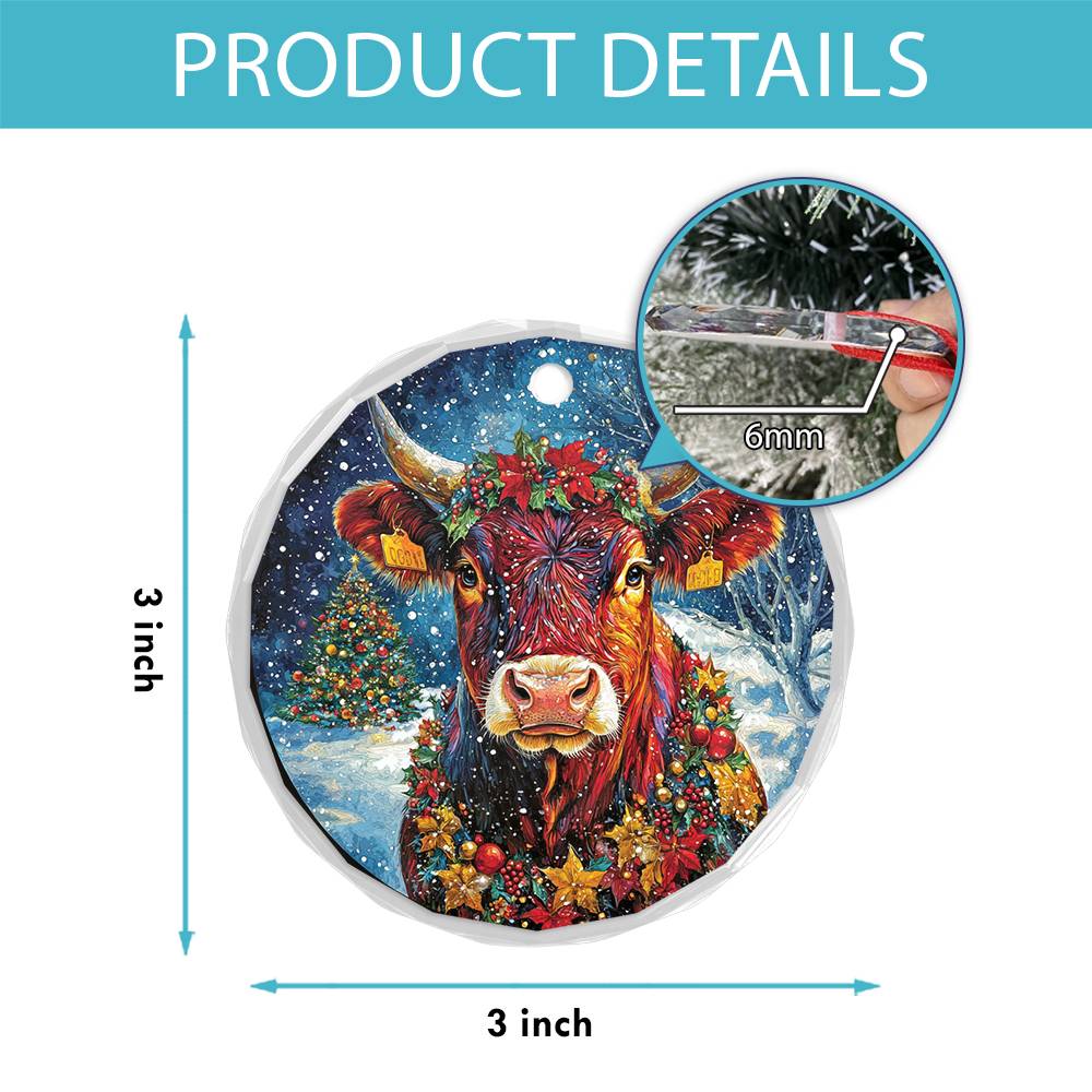 Beautiful Angus Cow Christmas Night Design 1 Glass Ornament
