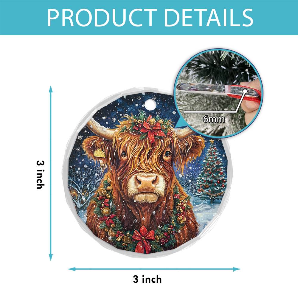 Beautiful Highland Cow Christmas Night Design 1 Glass Ornament