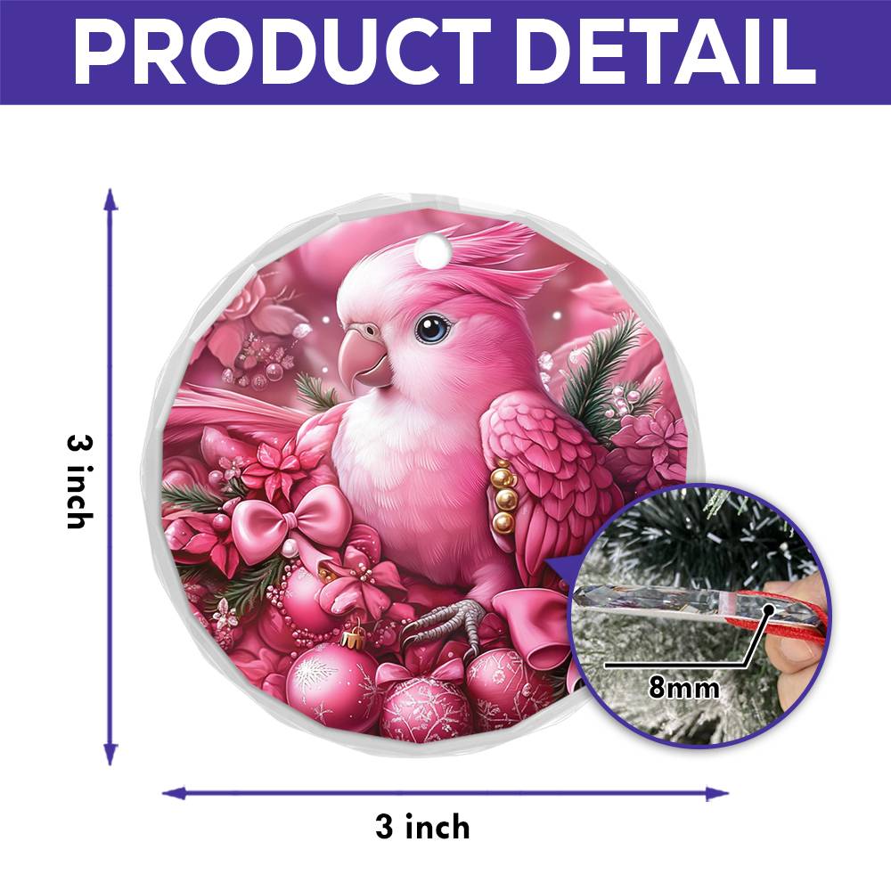 Parrot Pink Christmas Design 3 Glass Ornament