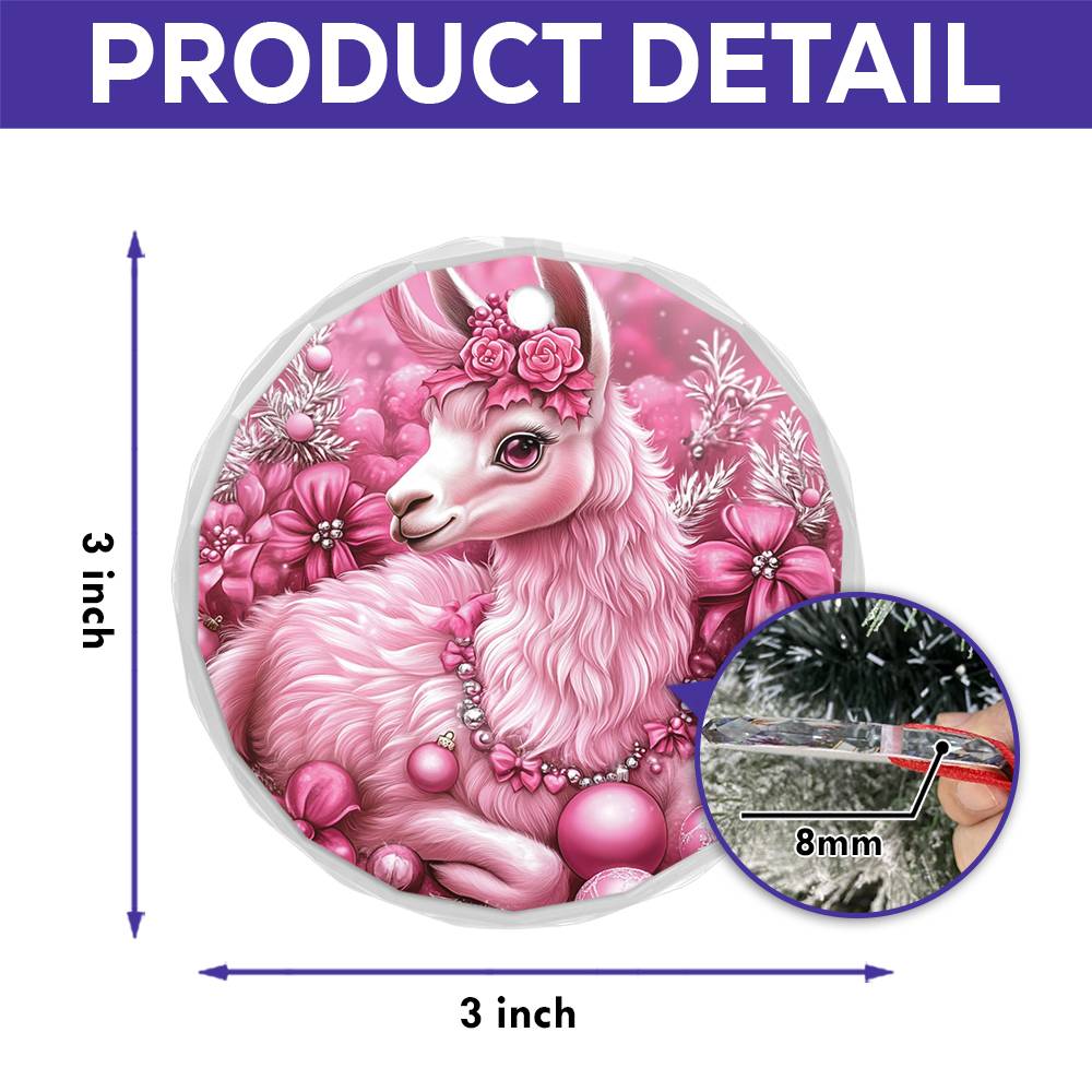 Llama Pink Christmas Design 3 Glass Ornament