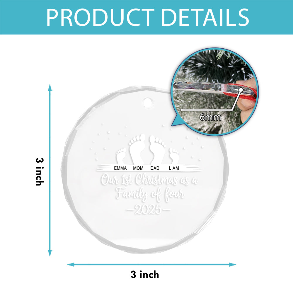 First Christmas As A Family Of Four Footprints - Personalized Heart Shaped Glass Ornament