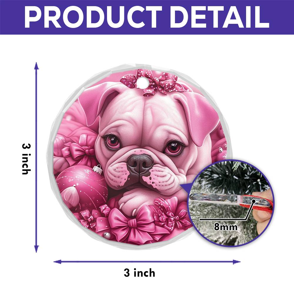 Bulldog Pink Christmas Design 3 Glass Ornament