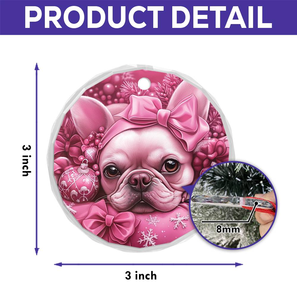 French Bulldog Pink Christmas Design 4 Glass Ornament