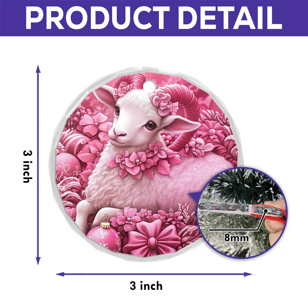 Sheep Pink Christmas Design 3 Glass Ornament