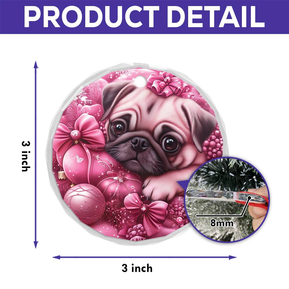 Pug Dog Pink Christmas Design 4 Glass Ornament