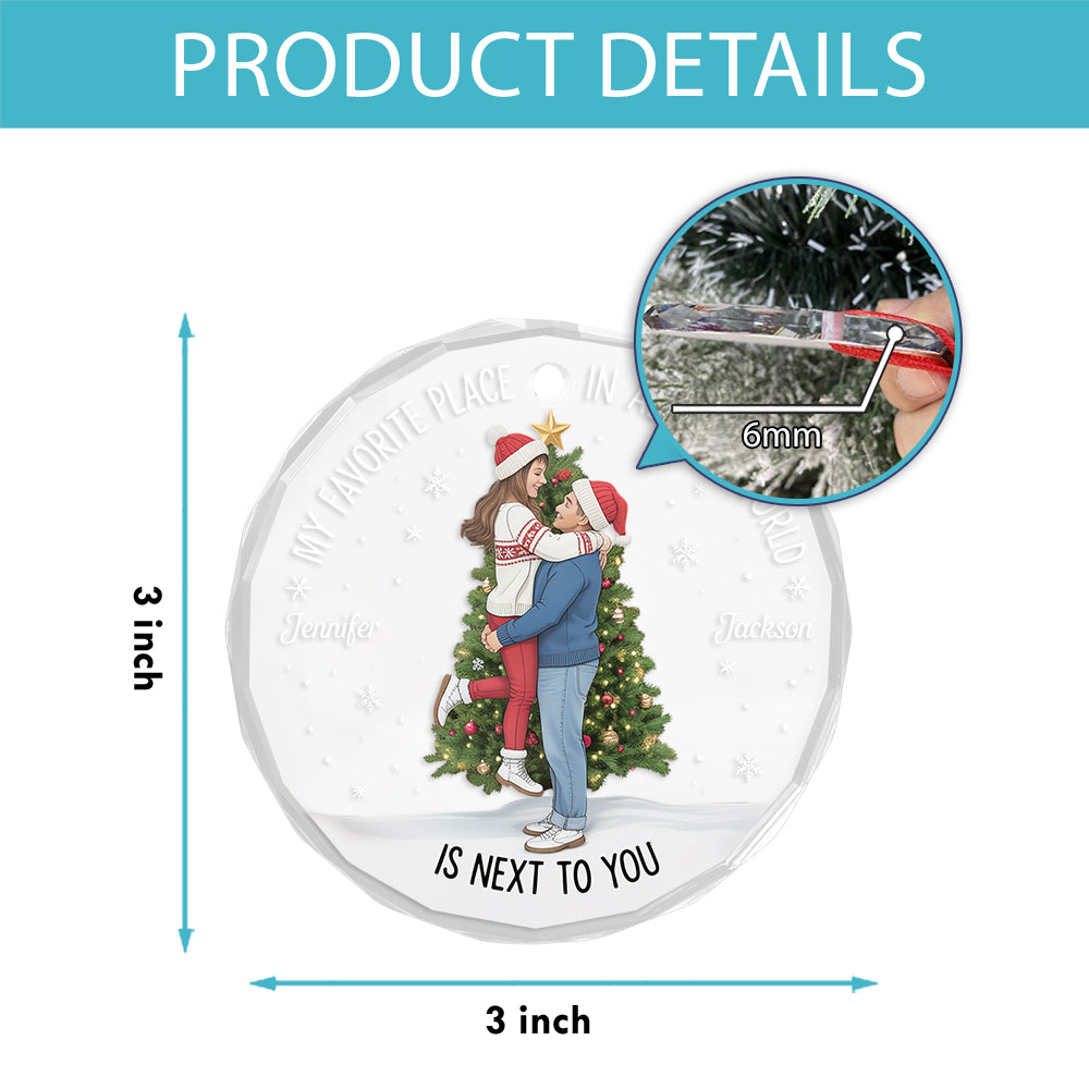 Christmas Couple Kissing My Favorite Place In All The World - Personalized Circle Glass Ornament 2