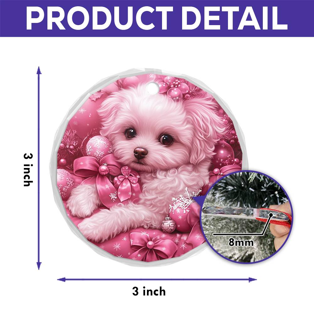 Bichon Frise Dog Pink Christmas Design 3 Glass Ornament