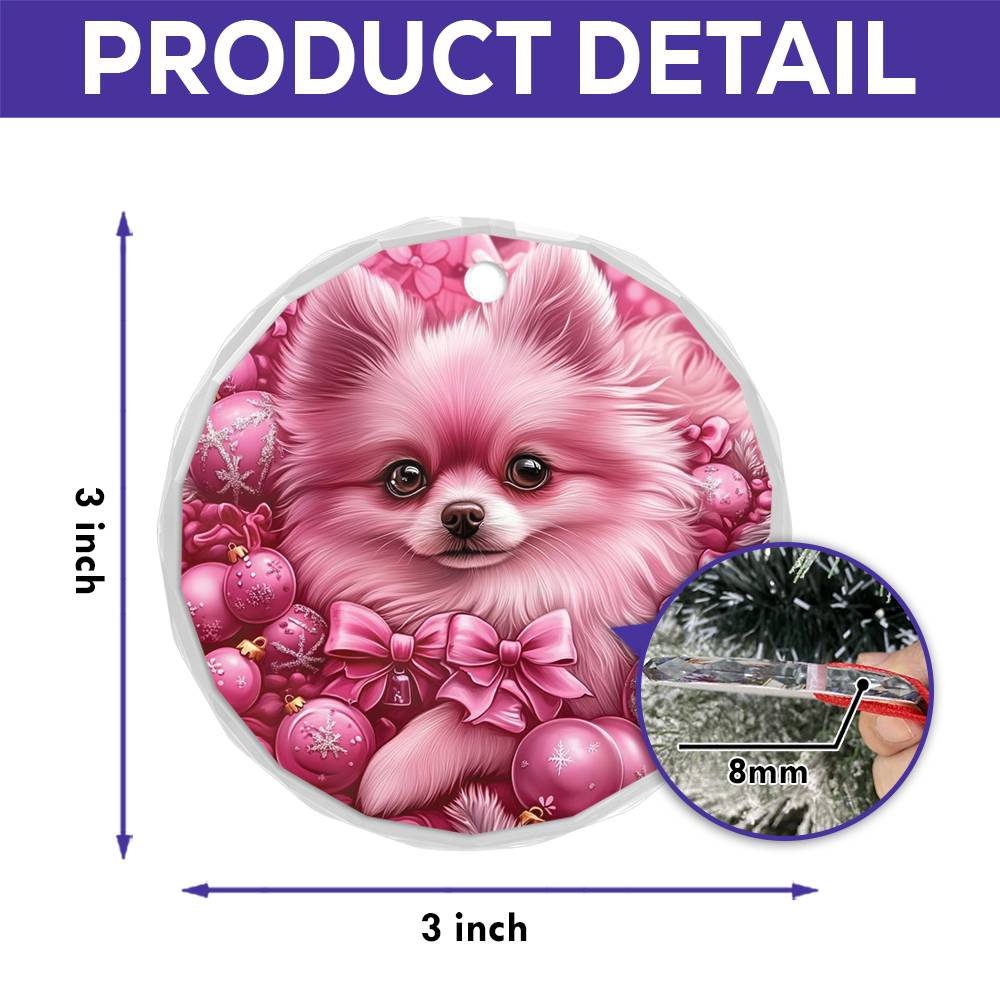 Pomeranian Dog Pink Christmas Design 1 Glass Ornament