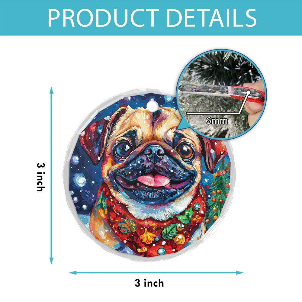 Beautiful Pug Dog Christmas Night Design 2 Glass Ornament
